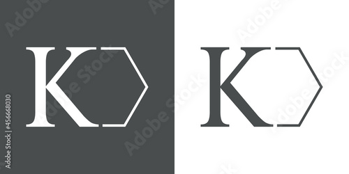 Logotipo con letra inicial K con hexágono con lineas en fondo gris y fondo blanco