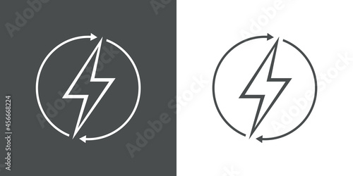 Energía renovable. Logotipo con silueta de rayo con flechas con forma de círculo en fondo gris y fondo blanco