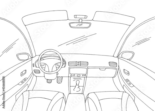 Car interior graphic black white sketch illustration vector