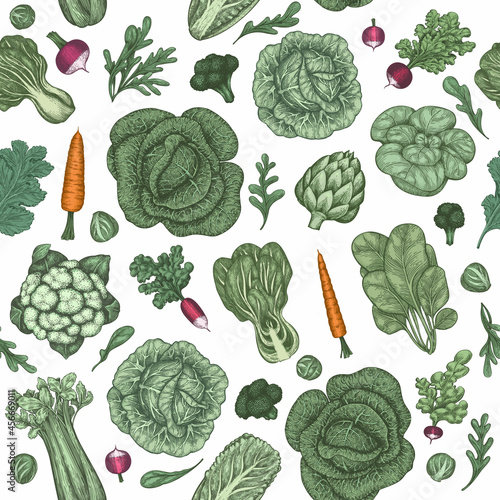 Hand drawn vintage vegetables. Organic fresh food vector seamless pattern. Retro vegetable background. Traditional botanical illustrations.
