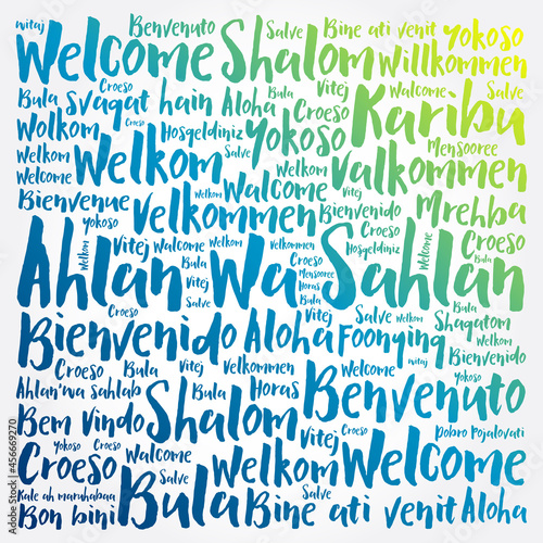 Ahlan Wa Sahlan (Welcome in Arabic) word cloud in different languages photo