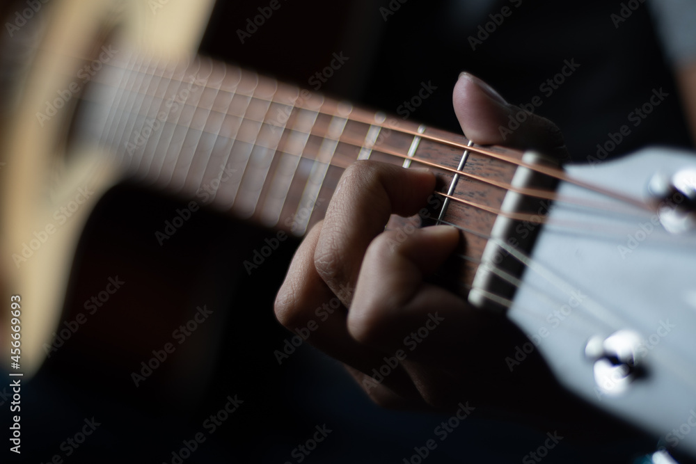 D Chords on classical wooden guitar