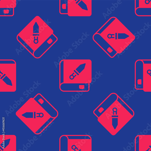 Red Book about weapon icon isolated seamless pattern on blue background. Small firearm. Weapon catalog. Vector