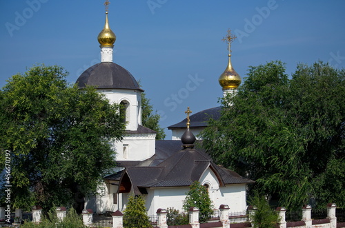 Domes of an Orthodox church against the background of trees and blue sky