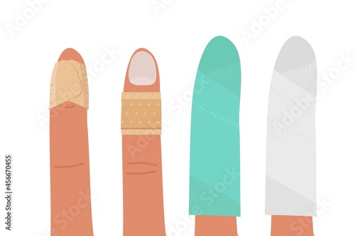 Physical injury. First aid for cuts. Injured bandaged fingers isolated on white background. Patch, bandage on finger. Dressings for minor injuries and cuts. Flat vector illustration. Home accidents