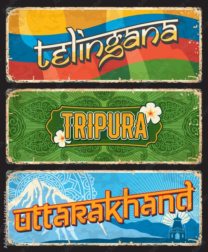 Telingana, Tripura and Uttarakhand Indian states vintage plates or banners with flag, ornament and mountain peak. Vector aged signs, travel destination landmarks of India. Retro grunge worn plaques