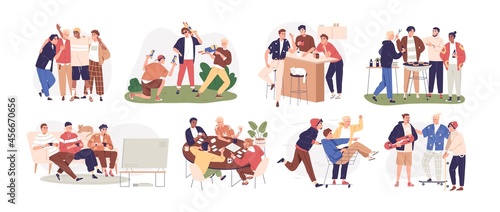 Happy men friends relaxing together at leisure time. Male friendship concept. Scenes with guys and buddies meeting, talking, playing, having fun. Flat vector illustration isolated on white background photo