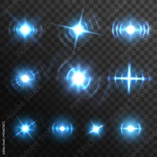 Blue light flares, fiery energy burst realistic effects, vector star shine. Blue light glow and sparkle flash glares of sun, transparent bright glitter beams and shiny lens rays, magic neon spotlight