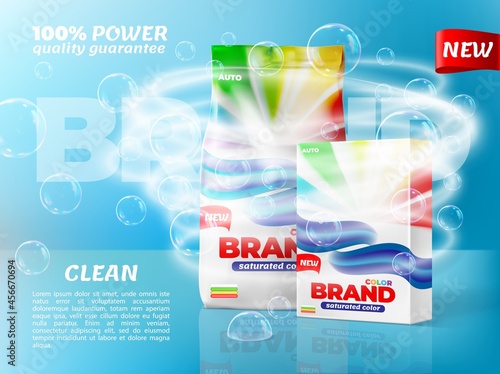 Washing powder packaging with soap bubbles and water whirl. Washing detergent paper bop and plastic bag packs with brand color labels realistic vector mock-up, new household product promo banner