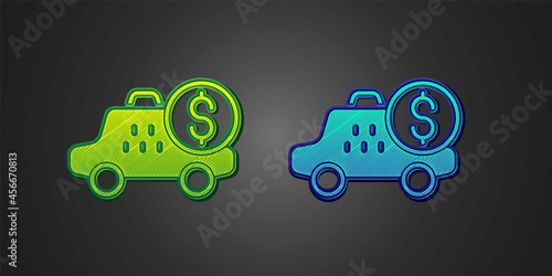 Green and blue Taximeter device icon isolated on black background. Measurement appliance for passenger fare in taxi car. Vector