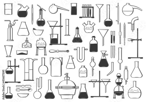 Chemical test tubes, flasks, retort and tools. Chemistry, biology or pharmacy laboratory equipment and glassware vector icons set. Alcohol burner, funnel and separators, condenser, clamps and pipettes