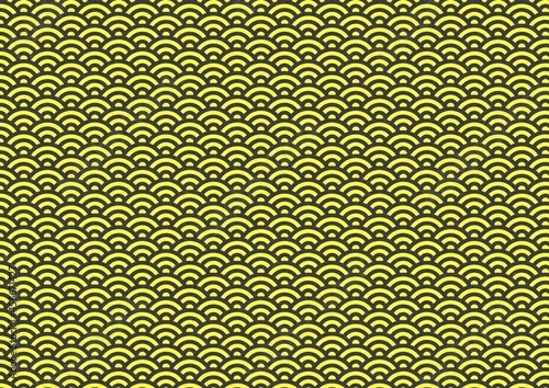黒と黄色（虎カラー）の青海波模様、和柄パターン背景素材