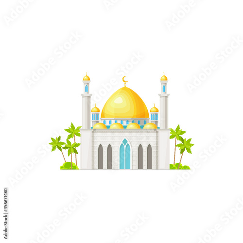 Mosque icon, Muslim and Islam religion building architecture, vector. Arabian or Egyptian Islamic mosque with minarets, Allah holy place, Muslim religious culture and worship temple shrine