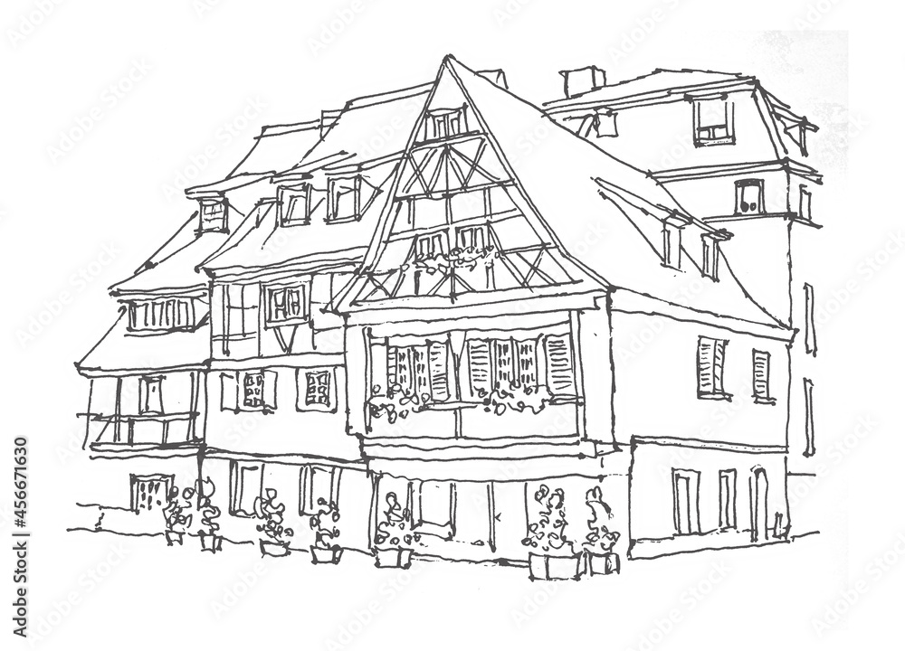 Travel sketch of Colmar, France. Hand drawing of the old town. French houses line art. Hand drawn travel postcard. Urban sketch in black color isolated on a white background.
