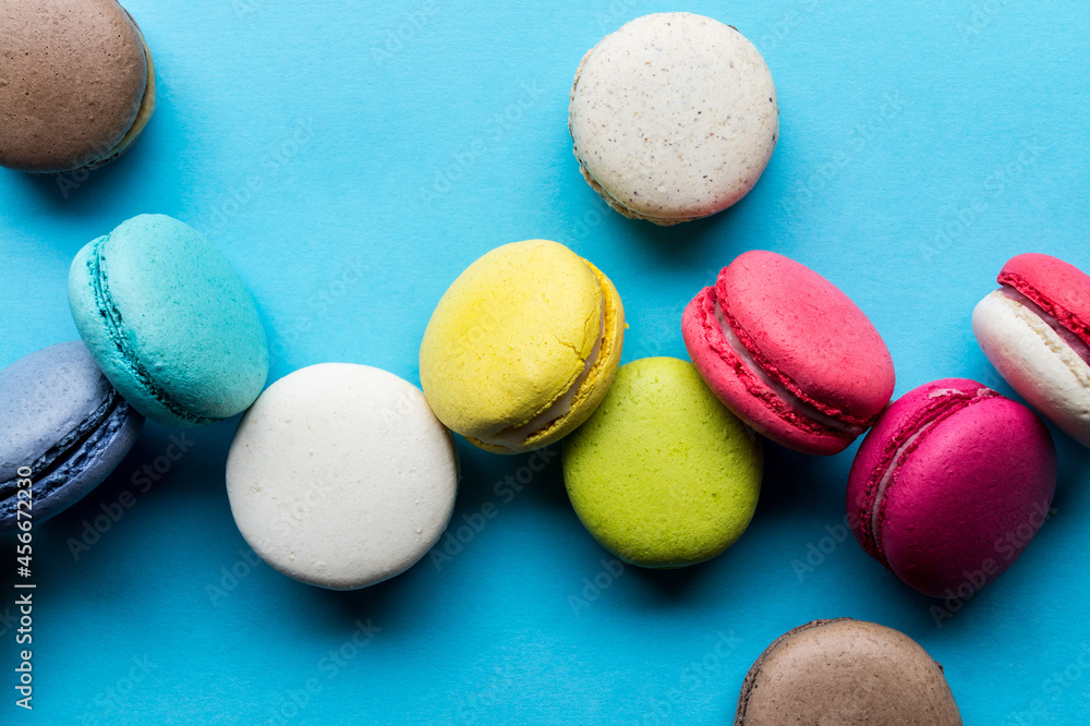 Macaron cookies, top view, almond biscuits, colorful. Macaron cookies, top view, almond biscuits, colorful.