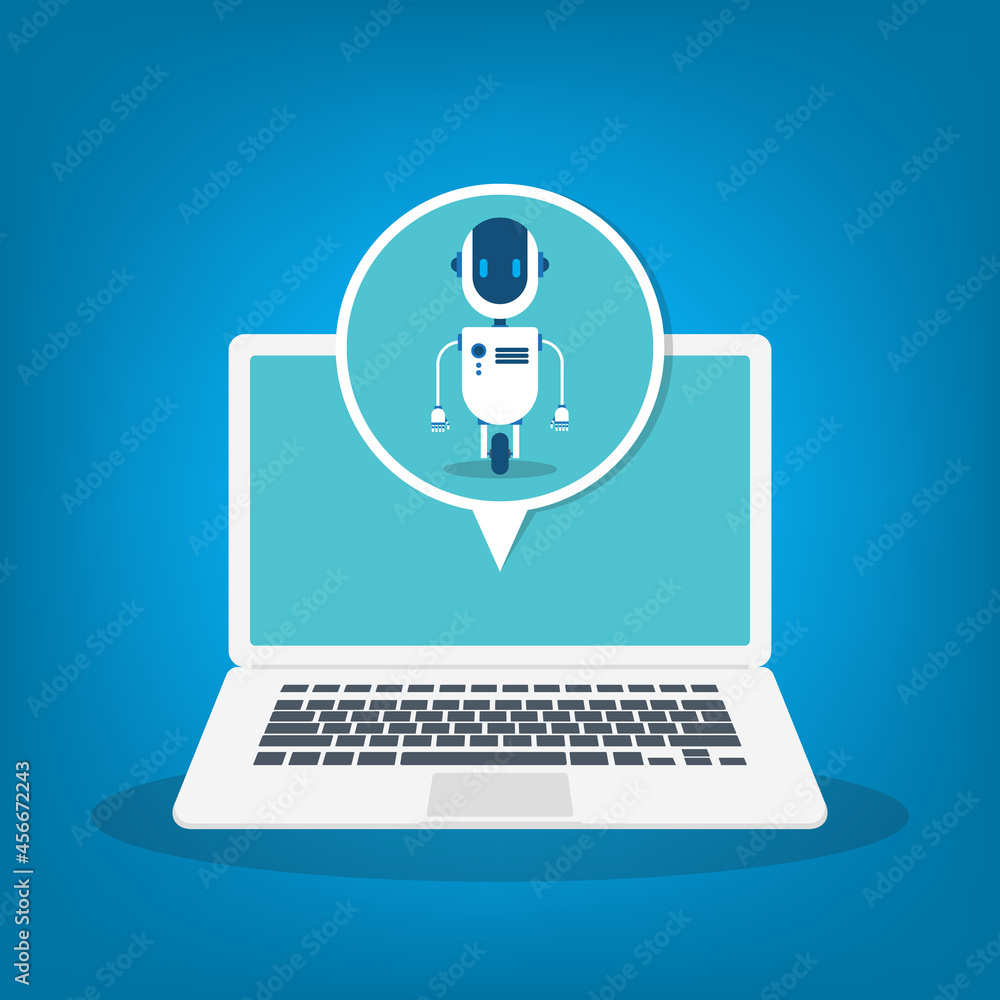 Chat Bot Using Laptop Computer, Robot Virtual Assistance Of Website Or Mobile Applications. Voice support service bot. Online support bot. Chat Bot Using Laptop Computer, Robot Virtual Assistance Of Website Or Mobile Applications. Voice support service bot. Online support bot.