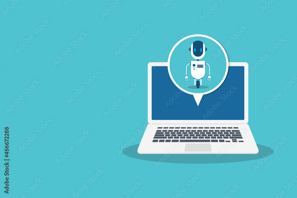 Chat Bot Using Laptop Computer, Robot Virtual Assistance Of Website Or Mobile Applications. Voice support service bot. Online support bot. Chat Bot Using Laptop Computer, Robot Virtual Assistance Of Website Or Mobile Applications. Voice support service bot. Online support bot.