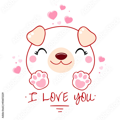 Cute Valentine card in kawaii style. Kawaii dog with pink hearts