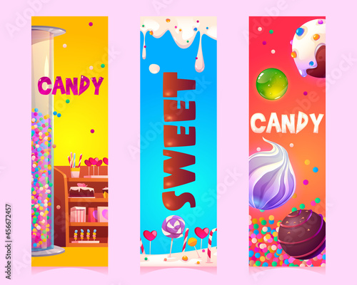 Sweets and candies cartoon vertical banners or bookmarks with confectionery or patisserie products, store showcase with chocolate cakes and lollipops, dripping cream and dragee, Vector templates set