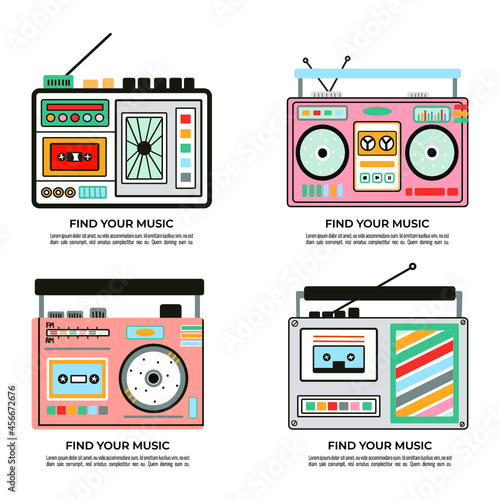 Banners made with cute and colourful old school tape recorders doodles. Vintage boombox icons. Hand drawn illustration. Text added as an example.