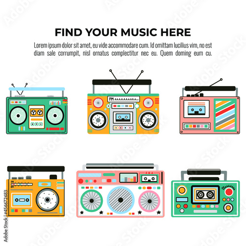 Set of cute and colourful old school tape recorders doodles. Vintage boombox icons. Hand drawn illustration. 90s vibes and retro look.