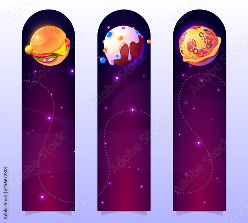 Funny bookmarks with food planets in outer space. Vector vertical banners with cartoon illustration of fantasy galaxy with spheres with pizza, burger and donut texture