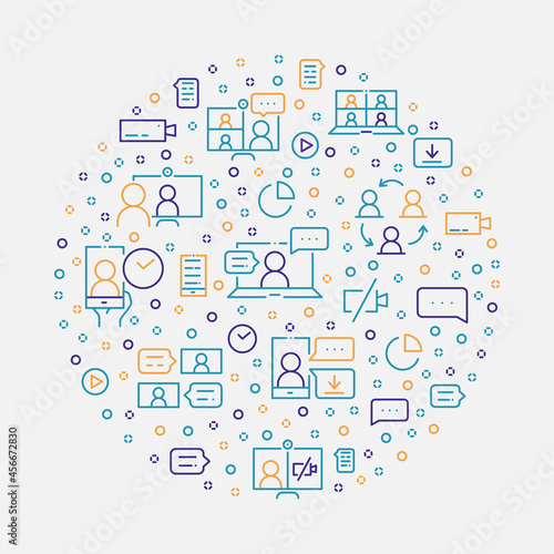 Online meeting circle concept made of thin line icons. Web conferencing, work from home, video communication, business process. Outline vector illustration for banner, poster, flyer or website