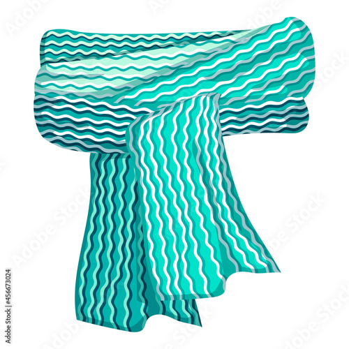 Warm knitted scarf cartoon flat illustration.Winter clothes element in blue and white tones isolated on white background.Vector muffler with knitted texture.