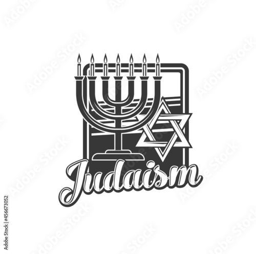 Judaism religion vector icon with Jewish menorah and Star of David religious symbol. Ancient Hebrew lampstand with burning candles and Magen David isolated monochrome sign, Jewish religion themes