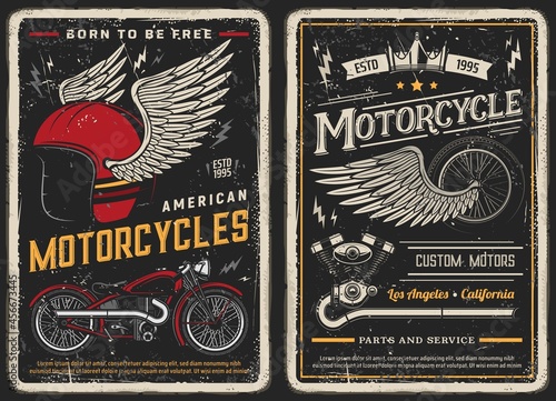 Bike and motorcycle vintage posters. Custom motors, parts and service vintage vector cards for biker club. Retro motorbike garage, classic antique chopper and winged helmet and wheel grunge design