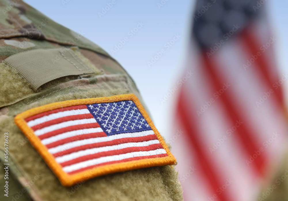 US soldiers. US army. USA patch flag on the US military uniform. Veterans  Day. Memorial Day. Stock Photo