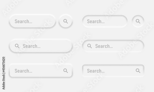 Neumorphic search bar set. Web elements for browsers, sites, mobile application and search button. Neumorphism design. Vector illustration EPS 10