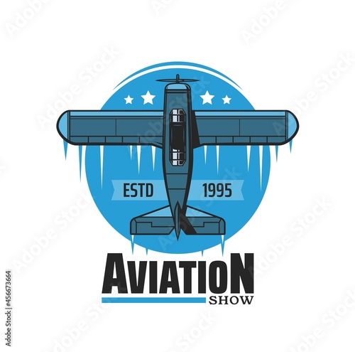 Aviation air show vector icon with vintage plane, airplane, propeller biplane or monoplane performing aerobatic maneuvers. Retro aircraft airshow or pilot flight competition blue badge design