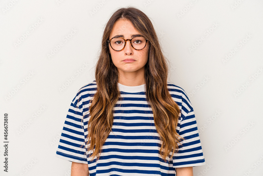 Young caucasian woman isolated on white background sad, serious face, feeling miserable and displeased. Young caucasian woman isolated on white background sad, serious face, feeling miserable and displeased.