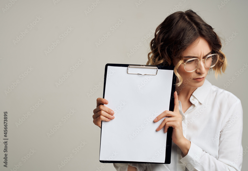 Business woman in shirt documents folder in hands Copy Space Business woman in shirt documents folder in hands Copy Space