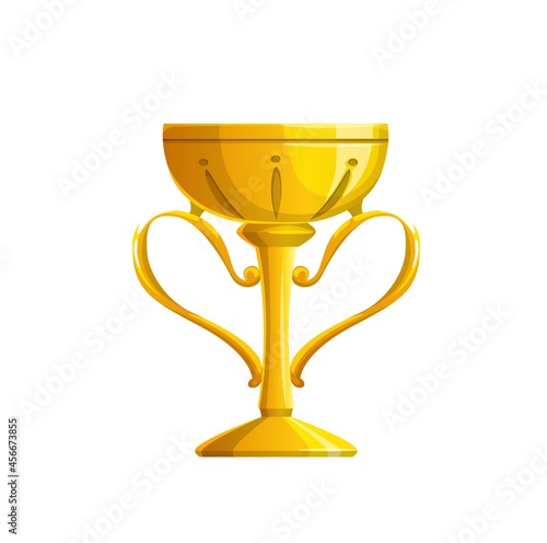 Golden trophy cup vector icon of isolated winner award or champion prize. Gold goblet of sport championship, game, competition, contest or tournament, leadership reward and victory celebration concept