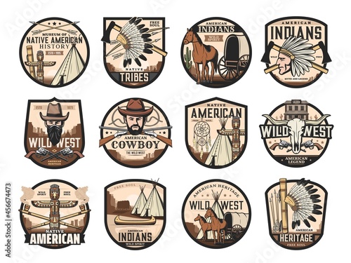 Wild West, American Western icons of saloon, cowboy and longhorn bull skull, vector. Native American symbols of Totem and Indian chief tomahawk, canoe and dream catcher, stage coach and horse