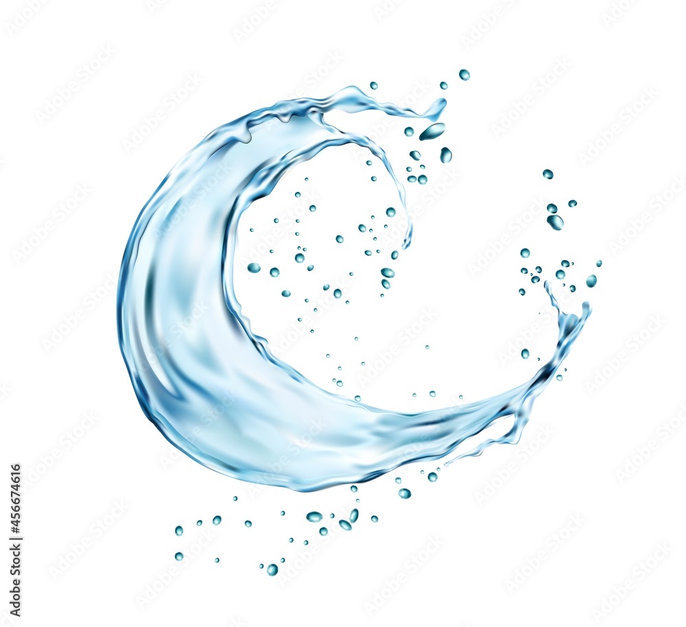 Water splash with wave swirl and liquid drops, vector blue fresh aqua