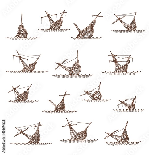 Sunken sailing ships and sailboats sketch, vector boat wrecks or shipwrecks. Broken drowned or sinking ships in sea or ocean waves, vintage hand drawn sunken pirate frigate ships. Map elements