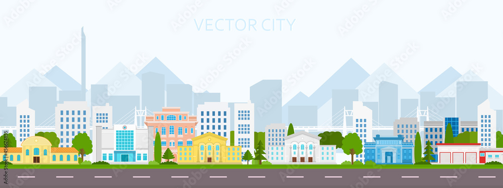 Vector poster overlooking city buildings. City view. Modern city with skyscrapers.