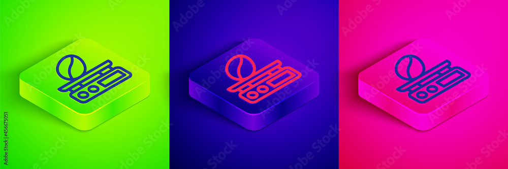 Isometric line Electronic coffee scales icon isolated on green, blue and pink background. Weight measure equipment. Square button. Vector Isometric line Electronic coffee scales icon isolated on green, blue and pink background. Weight measure equipment. Square button. Vector