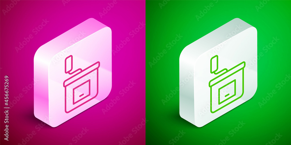 Isometric line Manual coffee grinder icon isolated on pink and green background. Silver square button. Vector Isometric line Manual coffee grinder icon isolated on pink and green background. Silver square button. Vector
