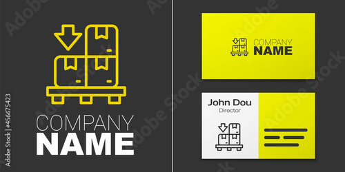 Logotype line Cardboard boxes on pallet icon isolated on grey background. Closed carton delivery packaging box with fragile signs. Logo design template element. Vector