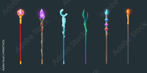 Set of magic staff, walk sticks or wands with glow gems, frozen ice crystal and pink glass star. Magician weapon rods for sorcerers, rpg fantasy game assets and equipment, Cartoon vector illustration