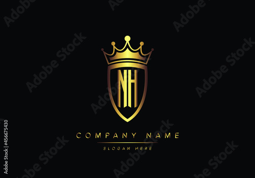 Alphabet letters NH monogram logo, gold color, shield style, luxury style, vector illustration photo