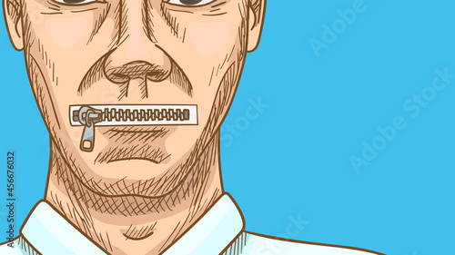 The man s mouth is closed with a zipper. Business metaphor.