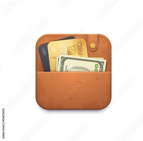 Leather wallet purse icon with credit cards and cash money vector icon. Finance application interface button, ui 3d design element for bank app, cashback service, payment isolated on white background