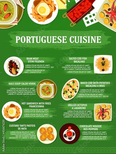 Portuguese cuisine restaurant menu dishes, vector food of caldo verde soup, egg tart pasteis, grilled octopus and cod fish bacalhau. Meat bean stew feijoada, fries sandwich and chocolate mousse photo