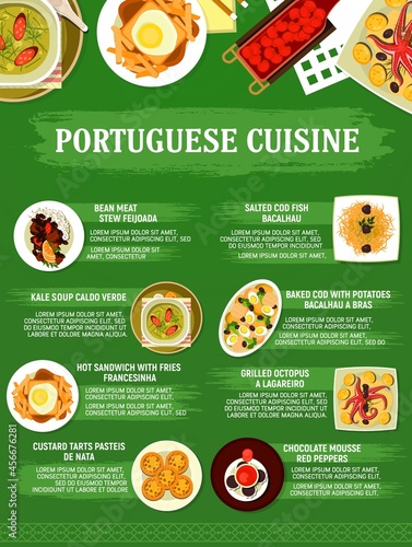 Portuguese cuisine restaurant menu dishes, vector food of caldo verde soup, egg tart pasteis, grilled octopus and cod fish bacalhau. Meat bean stew feijoada, fries sandwich and chocolate mousse