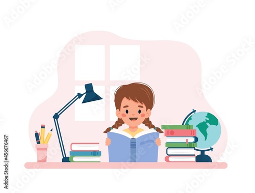 Girl reading a book sitting at a desk. Vector illustration concept in cartoon style
